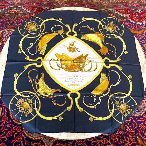 Hermes Accessories - Hermès Springs" by Philippe Ledoux 90cm 100% Silk | Foulard Carre Black Gold